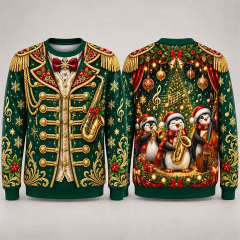 Gingerbread Men's Ugly Christmas Sweater Faux Jacket Train Penguin Snow Globe Gingerbread Dragon Print Crewneck Long Sleeve Holiday Pullover