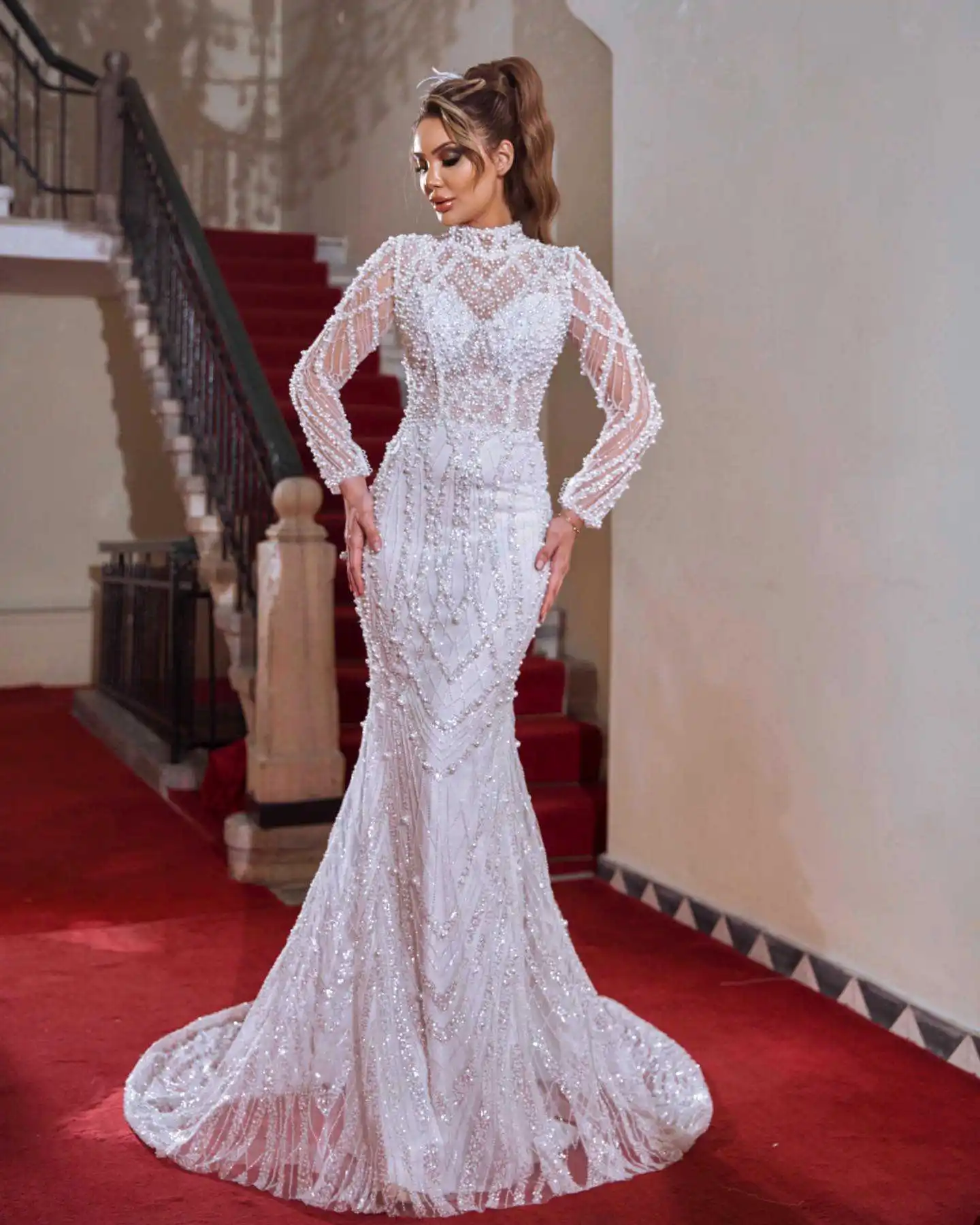 Luxury Mermaid Wedding Dresses For Women High Neck Long Sleeves Bridal Gown Pearls Sweep Train Dress Custom Made