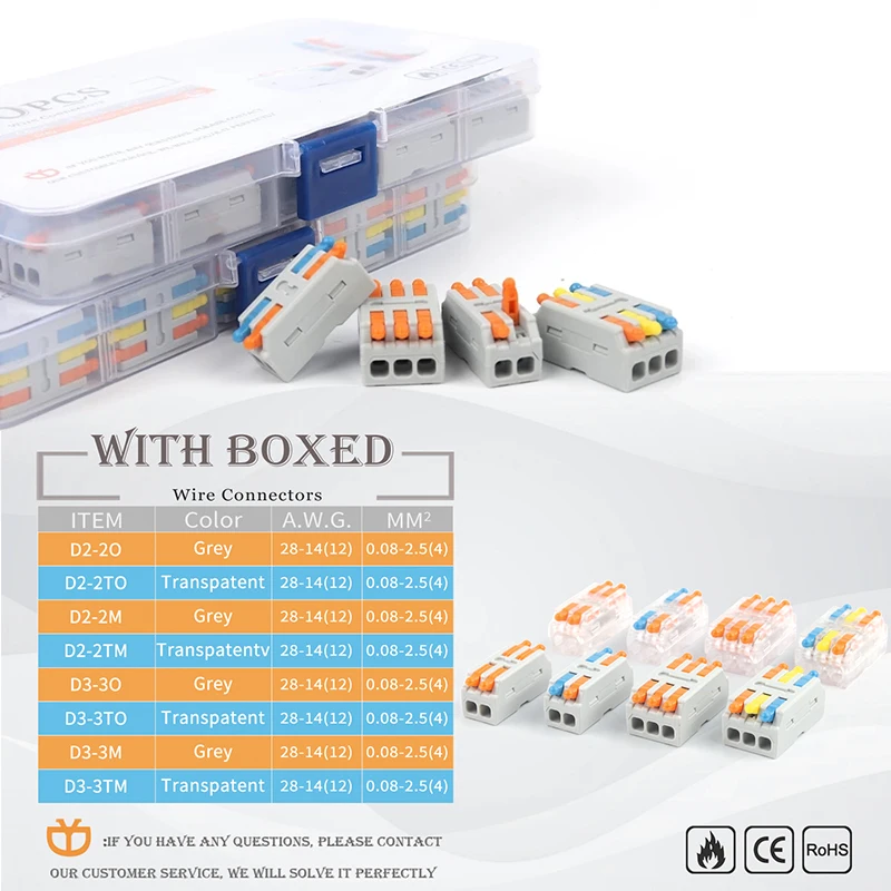 72PCS Boxed Electrical Cable 2 Port 3 Port Lever Butt Quick Wire Connectors Electric Cable Clamp Wire Terminals Junction Box 222