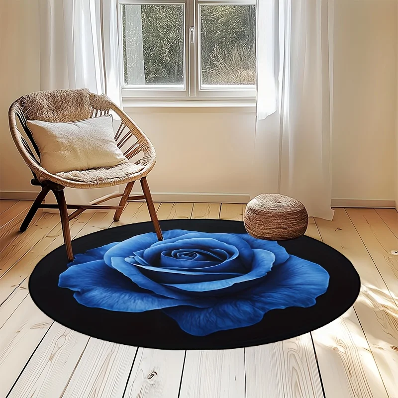Blue Rose Round Area Rug 3D Floral Non Slip Floor Mat Living Room Bedroom Dining Decor Washable Carpet Ornament
