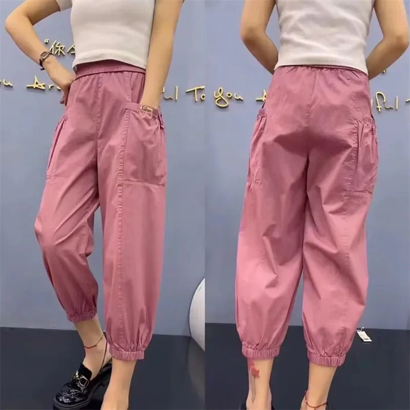 韓国ファッションハイウエストパンツ女性 2025 春の新作薄い無地カーゴパンツ女性ルースハーラン女性服