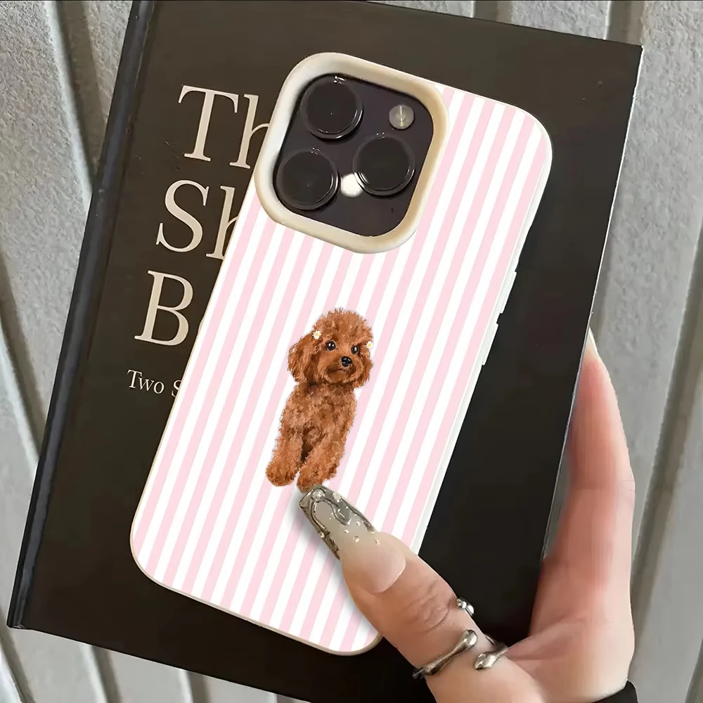 Cute Poodle Stripe Pattern Phone Case for Samsung S26 S25 S24 S23 S22 S21 S20 Note20 Ultra Plus A73 A55 5G Lychee Silicone Cover