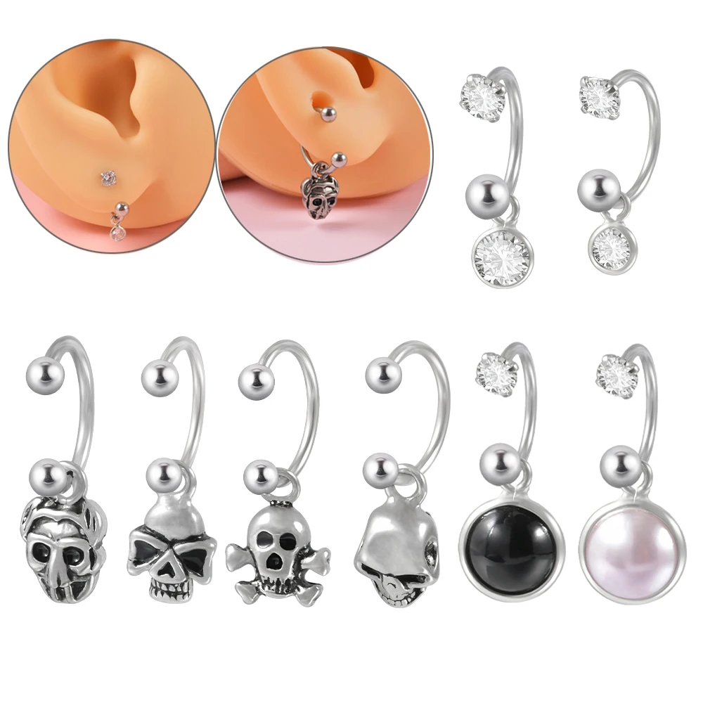 Boucle d'oreille en forme de C SnDPDaith Helix Cartilage, boucle d'oreille en fer à cheval, piercing haltère incurvé, perle de gemme CZ, bijoux d'oreille et de corps, tête de mort recruté, 1PC