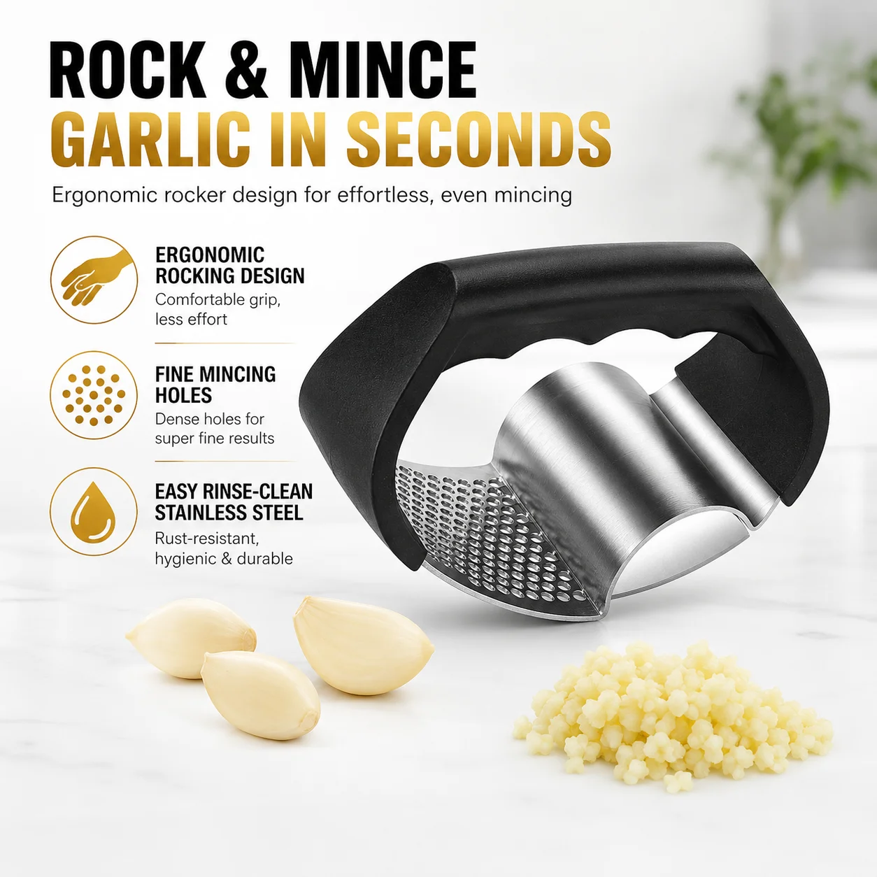 Stainless Steel Garlic Crusher Manual Rocker Garlic Press Chopper Mincer Easy Rinse Clean Ginger Slicer Kitchen Gadget
