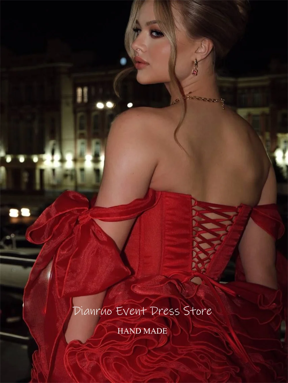 Dianruo Ruffled Tiered Organza Mini Prom Dress A Line Red Evening Dresses Off Shoulder Sweetheart Robes De Cocktail Customized