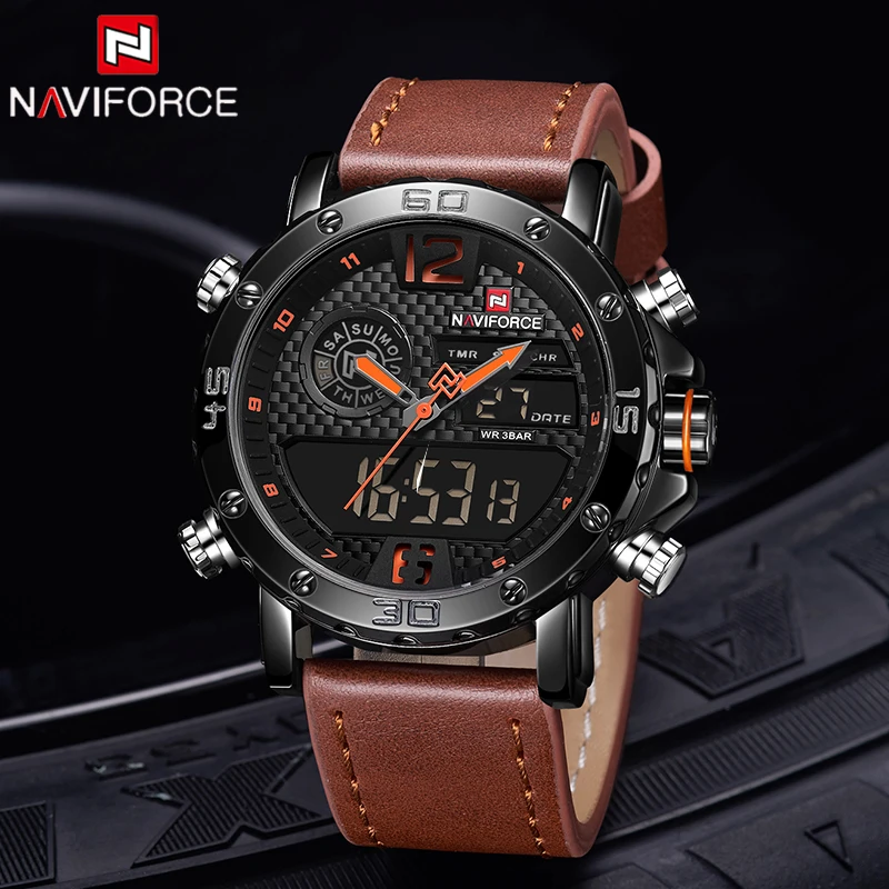 NAVIFORCE To Luxury Brand Mens Quartz Watches Leather Sports Watches Men\'s LED Digital Clock Waterproof Military Wrist Watch