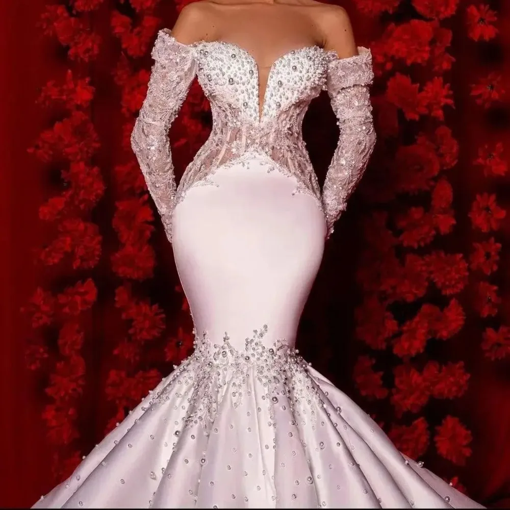 Luxury Mermaid Wedding Dresses V-Neck Beaded Lace Appliques Off Shoulder Long Sleeves Floor Length Bridal Gown Vestido De Novia
