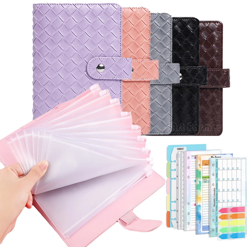 A6 Braided Grain Leather Money Budget Planner Binder Envelopes Cash Notebook Cover for Budgeting Money Organizer for Budget Bind