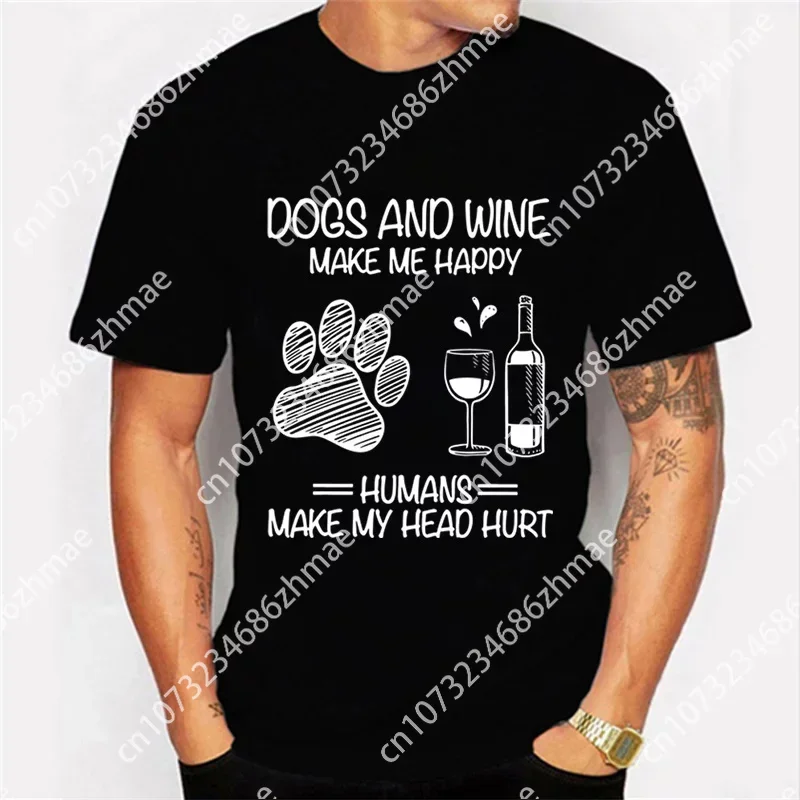 Dogs and Wine Make Me Happy Graphic Tshirt Funny Paw Fashion Harajuku T-shirt Hip Hop Men Brand T-shirt Trend Oversize Tee Shirt