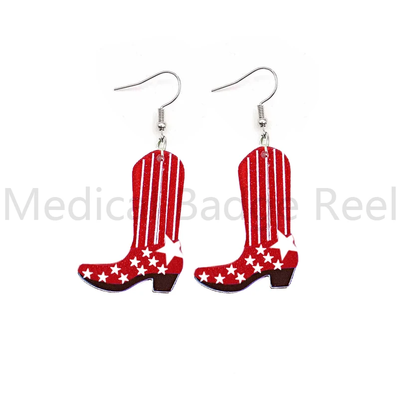 Newset Cute Glitter Acrylic USA Flag Boots Hat Star Waterdrop Earrings Red White and Blue Striped Independence Day Earrings