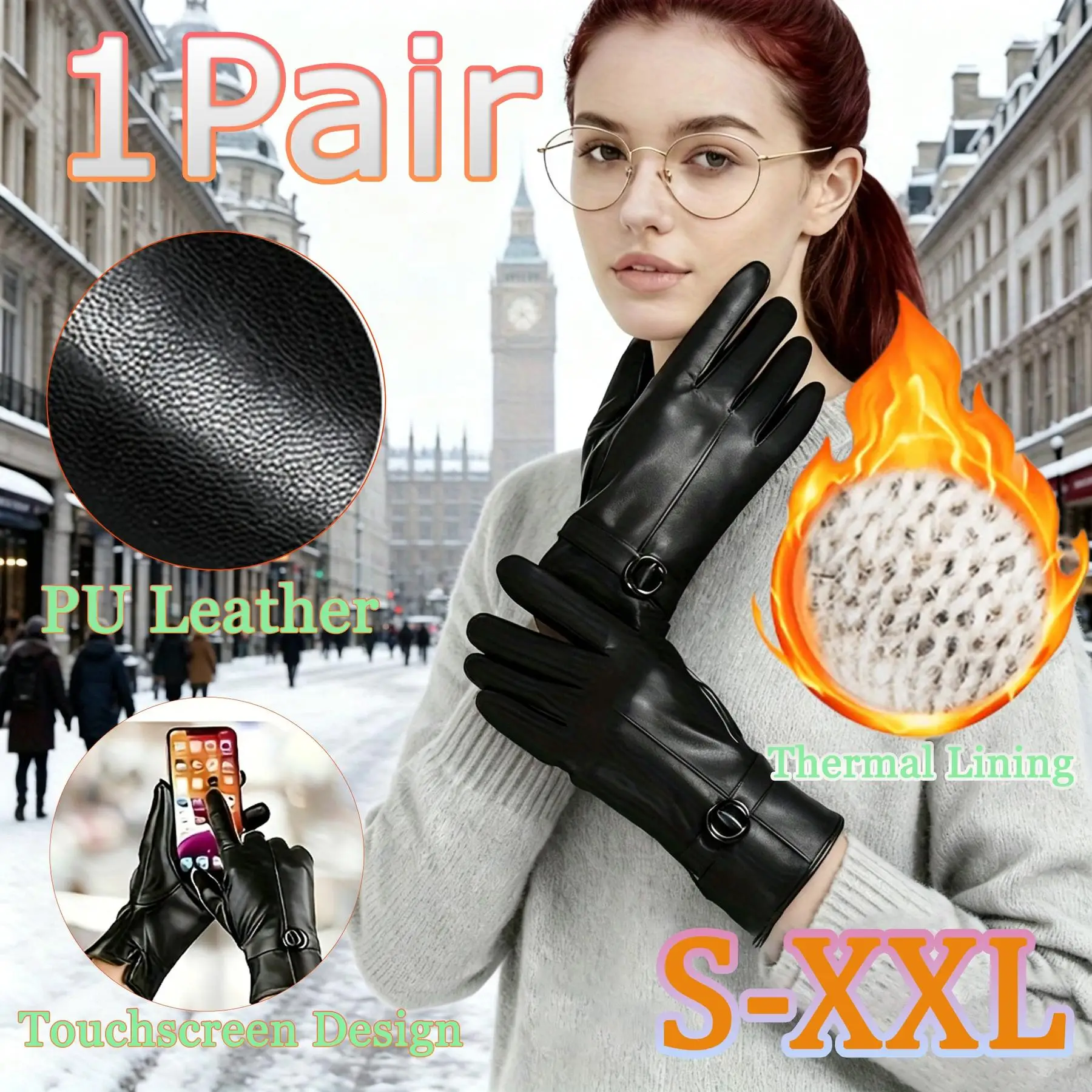 Women PU Leather Winter Gloves, Thick Thermal Fleece Lined, Touchscreen Warm, Adjustable Buckle, Windproof for Driving, Cycling