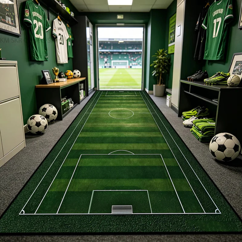 VIKAMA Simulated Green Football Field Long Runner Rug Non Slip Washable Floor Mat Sports Room Bedroom Boys Home Decor Carpet
