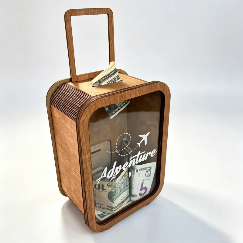 Wooden Suitcase Money Box Adventure Travel Fund Piggy Bank Home Decor Storage Box Birthday Gift for Travel Lovers