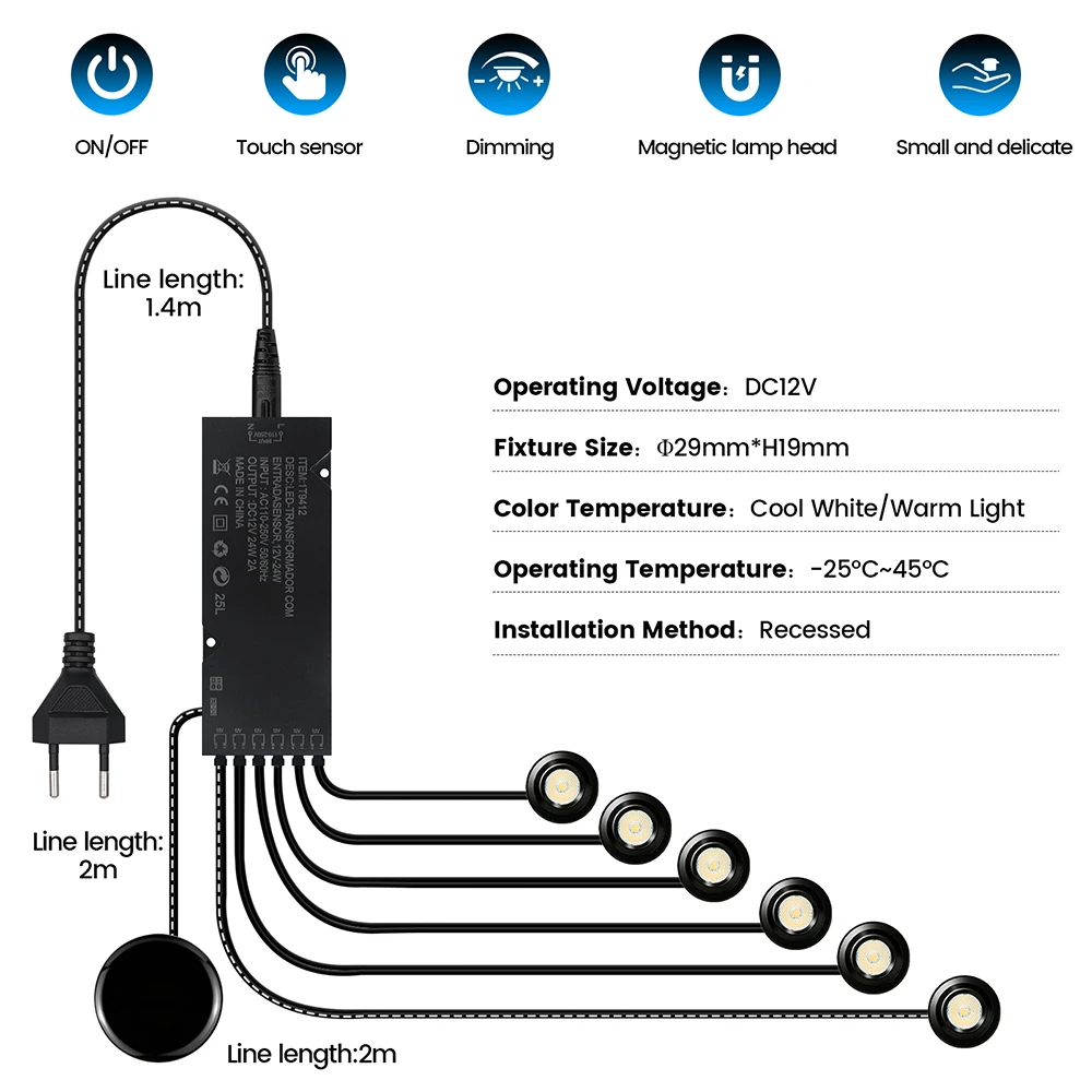 Hand Wave Sensor LED Cabinet Spot Light Kit 1-6 Lights Mini Puck Spotlight with Dimmer Switch US/EU Plug 12V 3000K 4000K 6000K