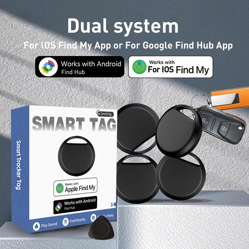 

Набор из 4 умных трекеров с двойной системой отслеживания для Google Find Hub или Apple Find My App, устройство для определения местоположения для Pixel, iPhone, Xiaomi, GMS
