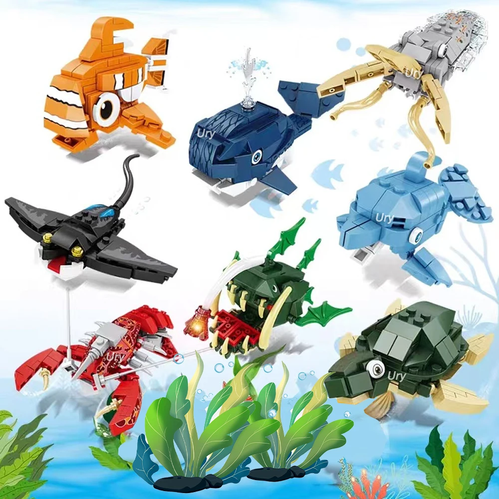 Moc Ocean Marine Fish Animals Lobster Octopus Squid Hermit Crab Model Set Building Blocks Diy Children Assemble Toy for Kid Gift