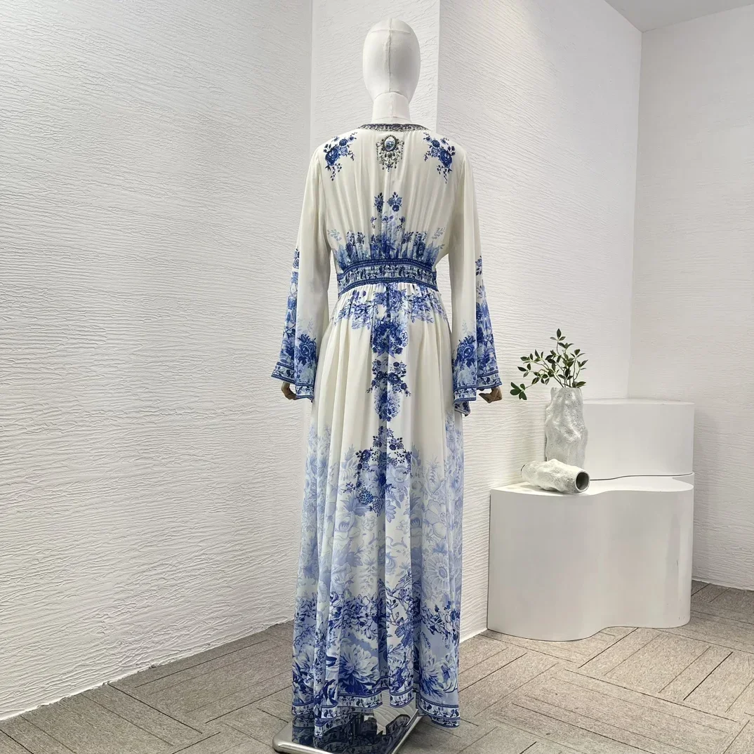 2024 New Blue White Porcela Long Sleeve Floral Print Deep V Neck Maxi Dress