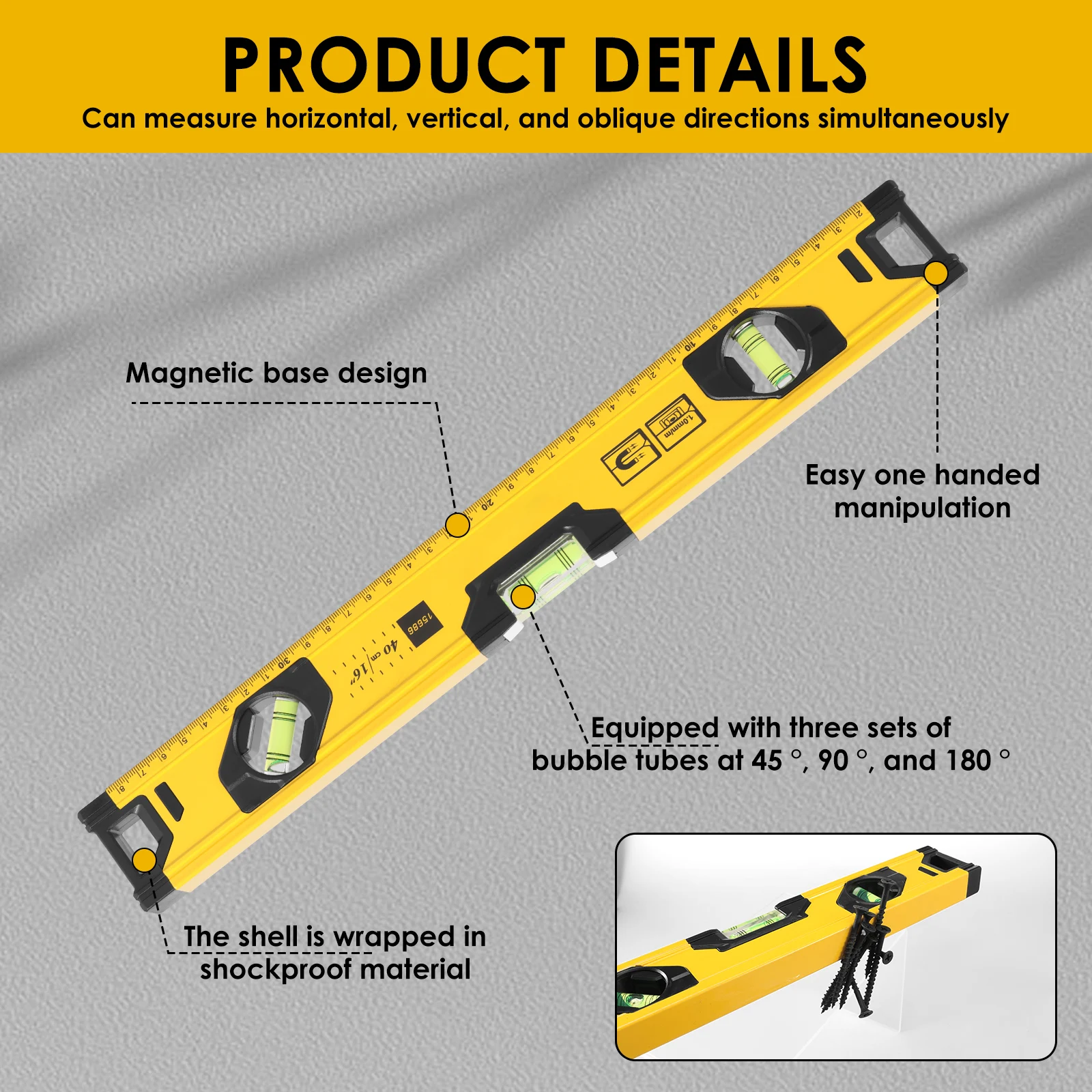 2Pcs Aluminium Alloy Magnetic Spirit Level Anti Slip High Precision Torpedo Measuring Tool With 45° 90° 180° Bubble for Hanging