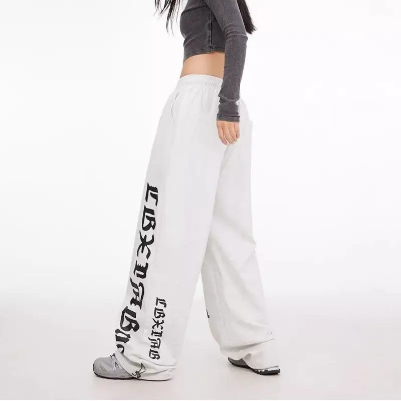 Pantaloni larghi da donna con coulisse elastica Pantaloni alla moda con stampa di lettere a gamba larga Pantaloni casual dritti Hip Hop Streetwears