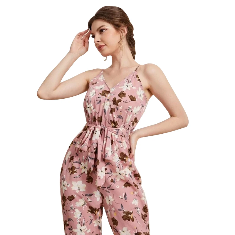 Fashion Women\'s Casual Romantic Halter Flower Print With Belt Lace-up Romper Casual Romper