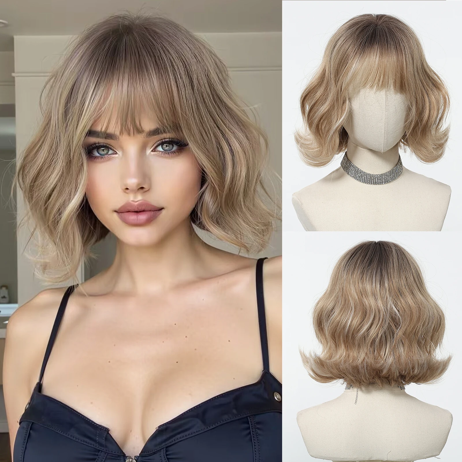 

Light Brown Natural Synthetic Wigs Short Wavy Curly Bob Wigs With Bangs For Women Heat Resistant Fiber Lolita Cosplay Hair Wigs