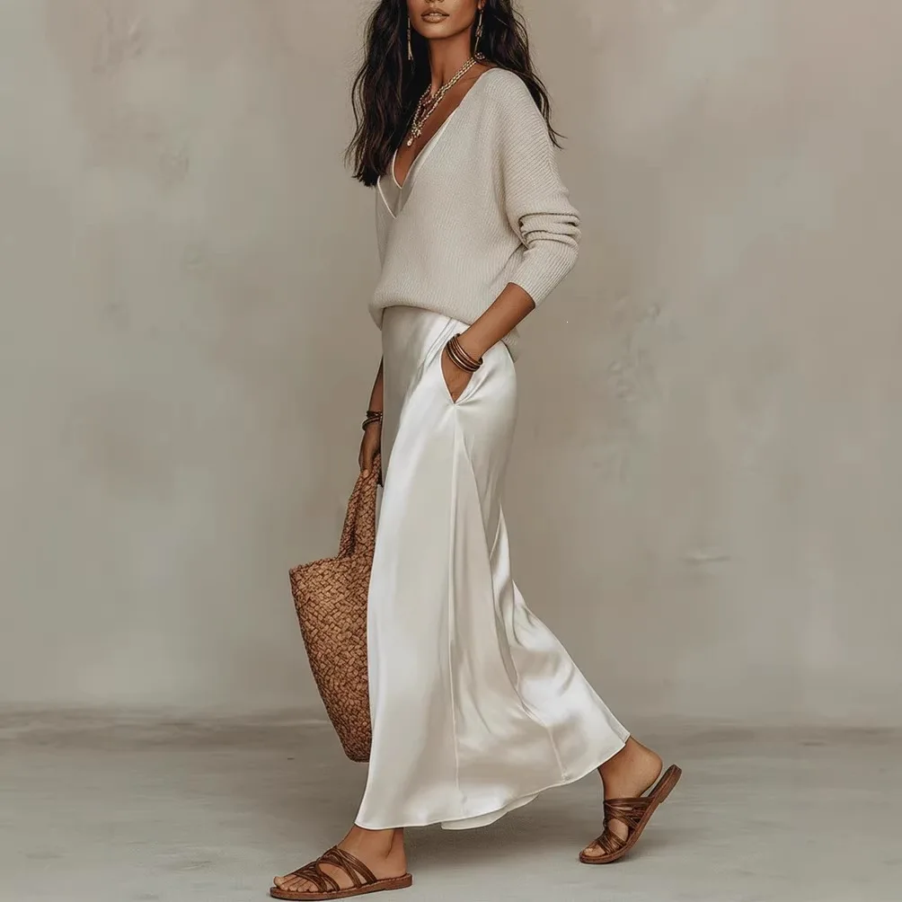 Elegant Ladies 2 Piece Matching Set V Neck Knit Pullover Satin Slip Long Dress Office Casual Outfit view 4