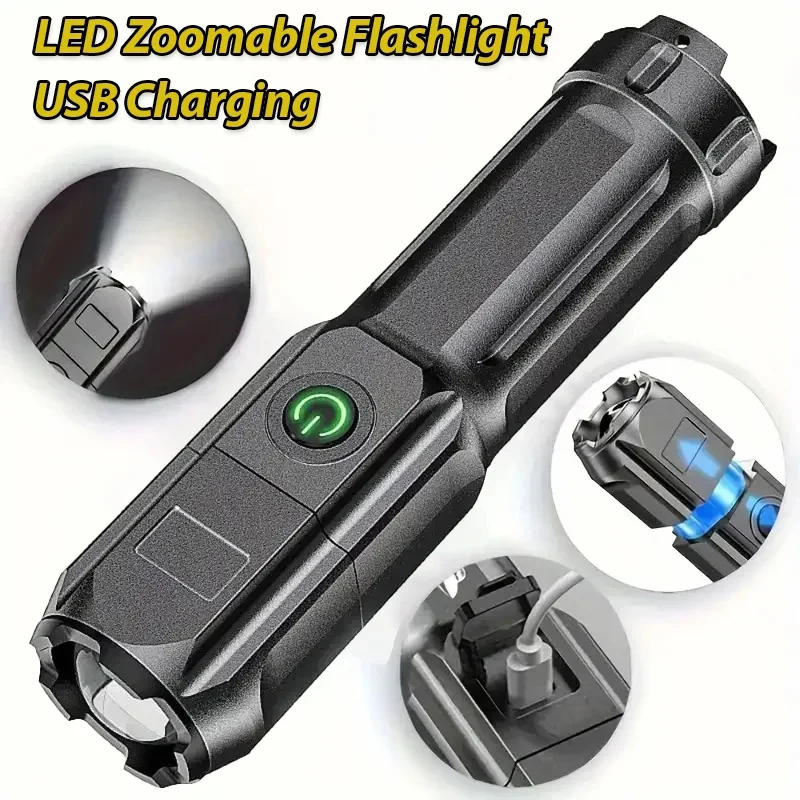 Taktische Taschenlampen mit LED-Zoom, wiederaufladbare Taschenlampe, 4 Beleuchtungsmodi, große Reichweite, wasserdicht, für Camping, Angeln, Taschenlampe, USB-Aufladung