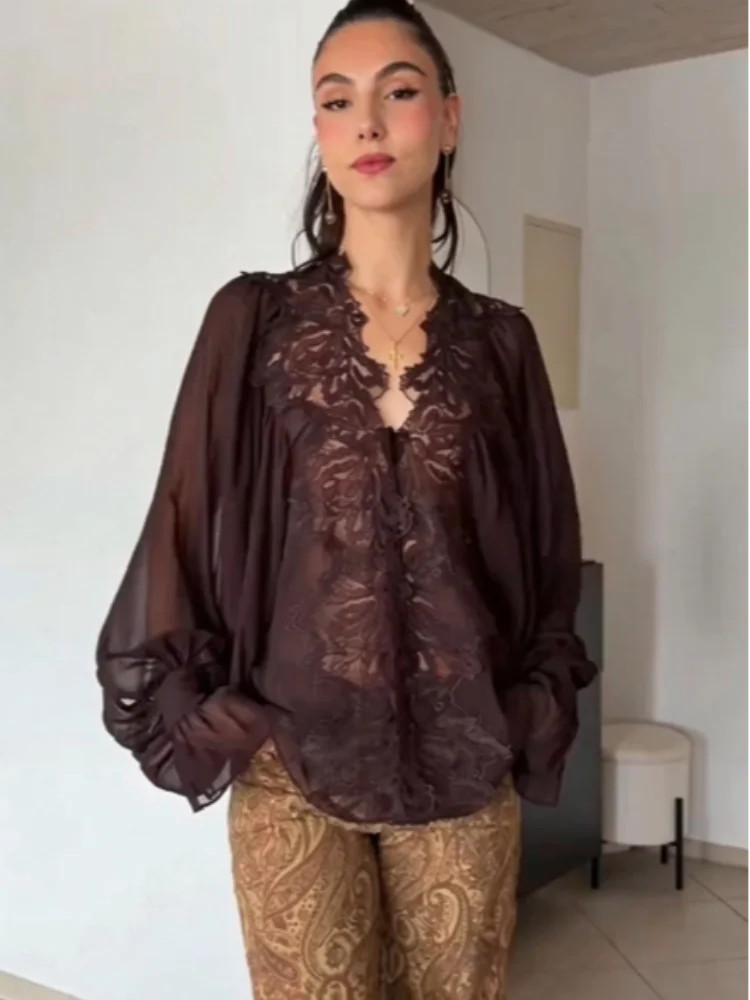 Sexy Black V-Neck Lace Patchwork Blouse Trendy Sheer Cuff Lantern Long Sleeve Chiffon Shirt Female Party Date Daily Streetwear