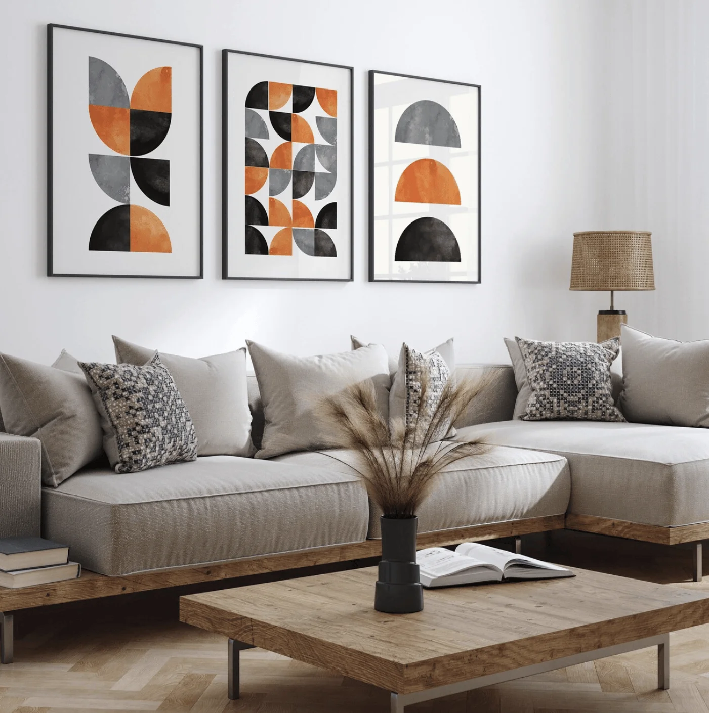 Set of 3 Boho Geometric Wall Art Canvas Prints, Burnt Orange Half Circle Posters, Mid Century Living Room Bedroom Home Decor