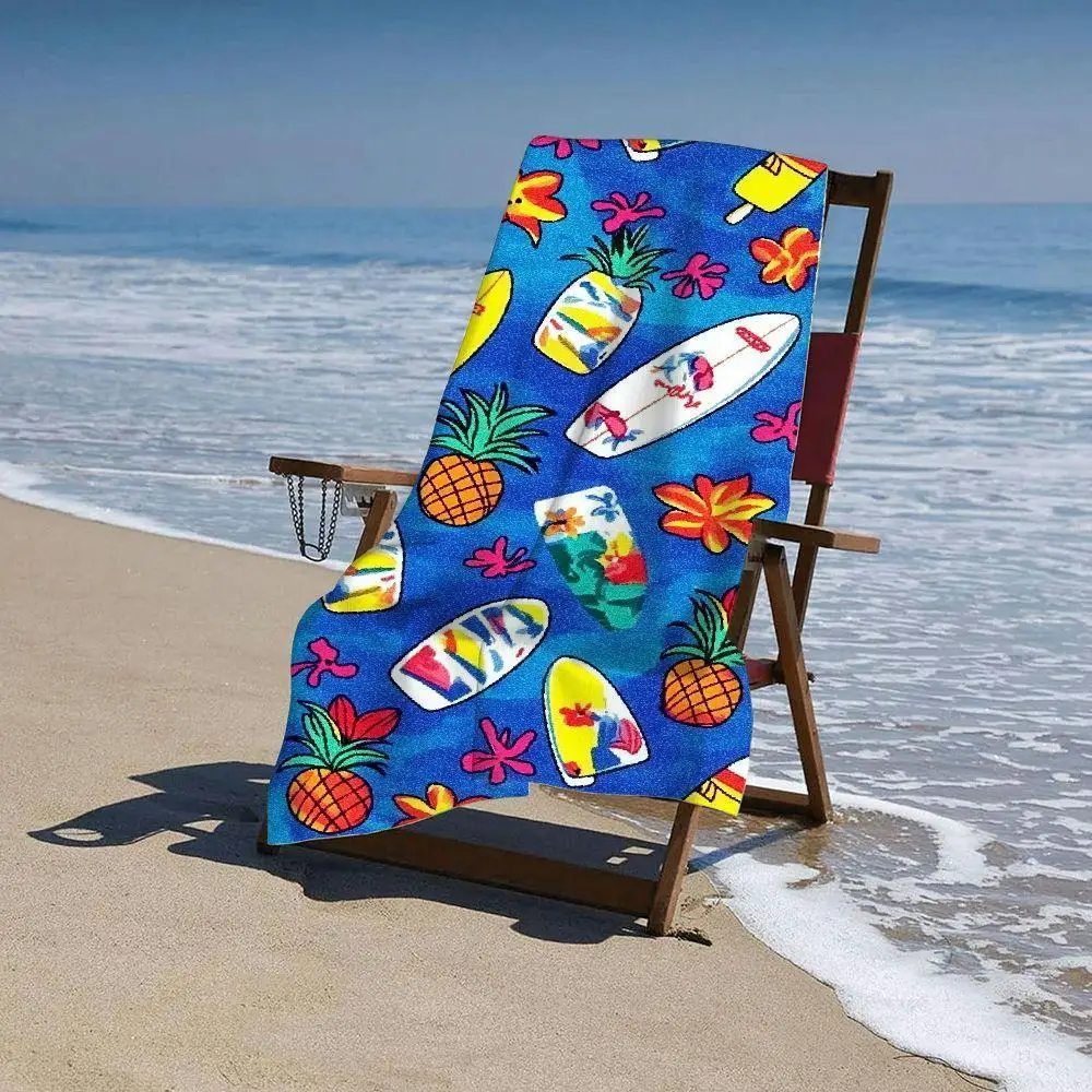 1pcs Bright Blue Tropical Towel, Bold Surfboards & Pineapples on Blue Background Print Bath Towel, Fun Summer Essential