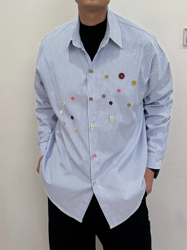 

Мужская рубашка свободного кроя с длинными рукавами и полосками от TANGZ Studio, с декоративными пуговицами, модная повседневная модель из смесового хлопка