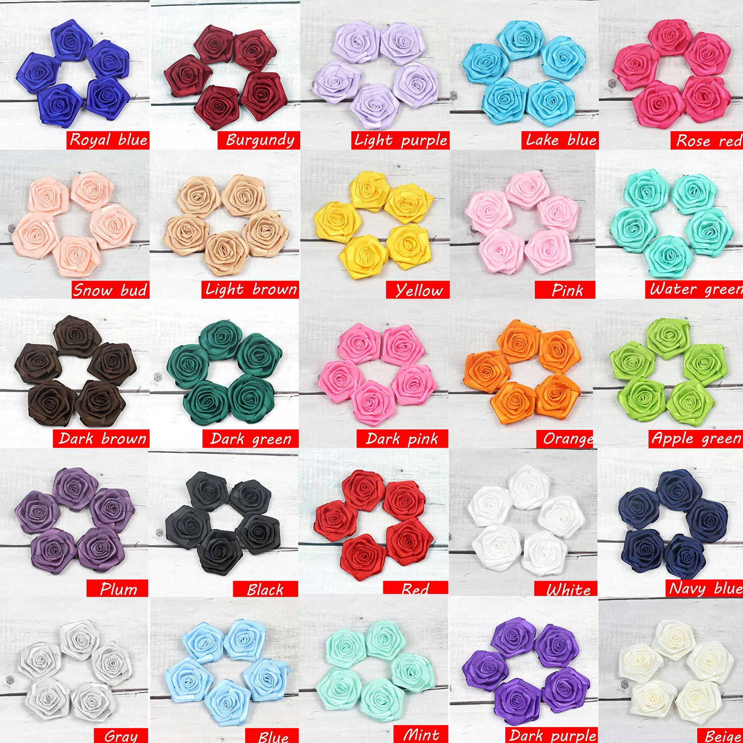 Assorted Colors Rose Satin Ribbon Applique 45-50mm Sewing Handmade Crafts for Wedding Flower Ball Making Gift Box Decor 25/200P