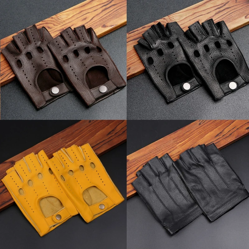 Sheepskin Half Finger Gloves Retro Cycling Motorcycle Driver Outdoor Training Gloves Sweat Absorbing Half Cut Wear Resistant