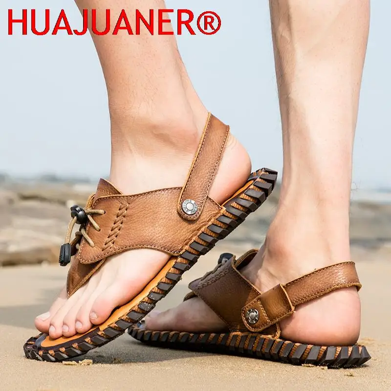 

Genuine Leather Sandals Men Shoes Cow Leather Half Drag Beach Flip Flops Summer Outdoor Footwear Male Leisure Plus Size Slippers