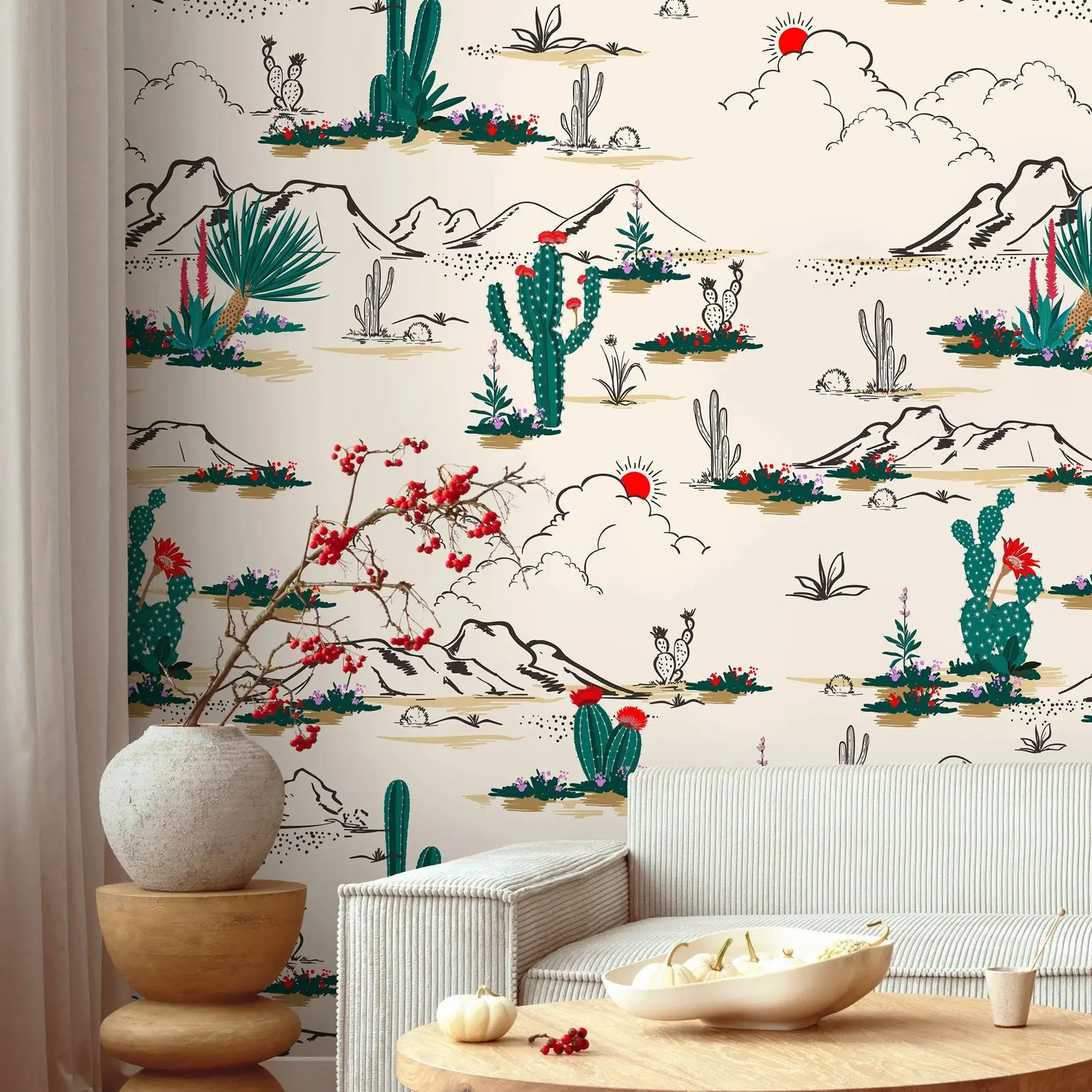 Peel and Stick Wallpaper Summer Cactus On Desert,Beige Sand Wall Hanging For Home Decor Wall Art ,Self-adhesive Or Traditional