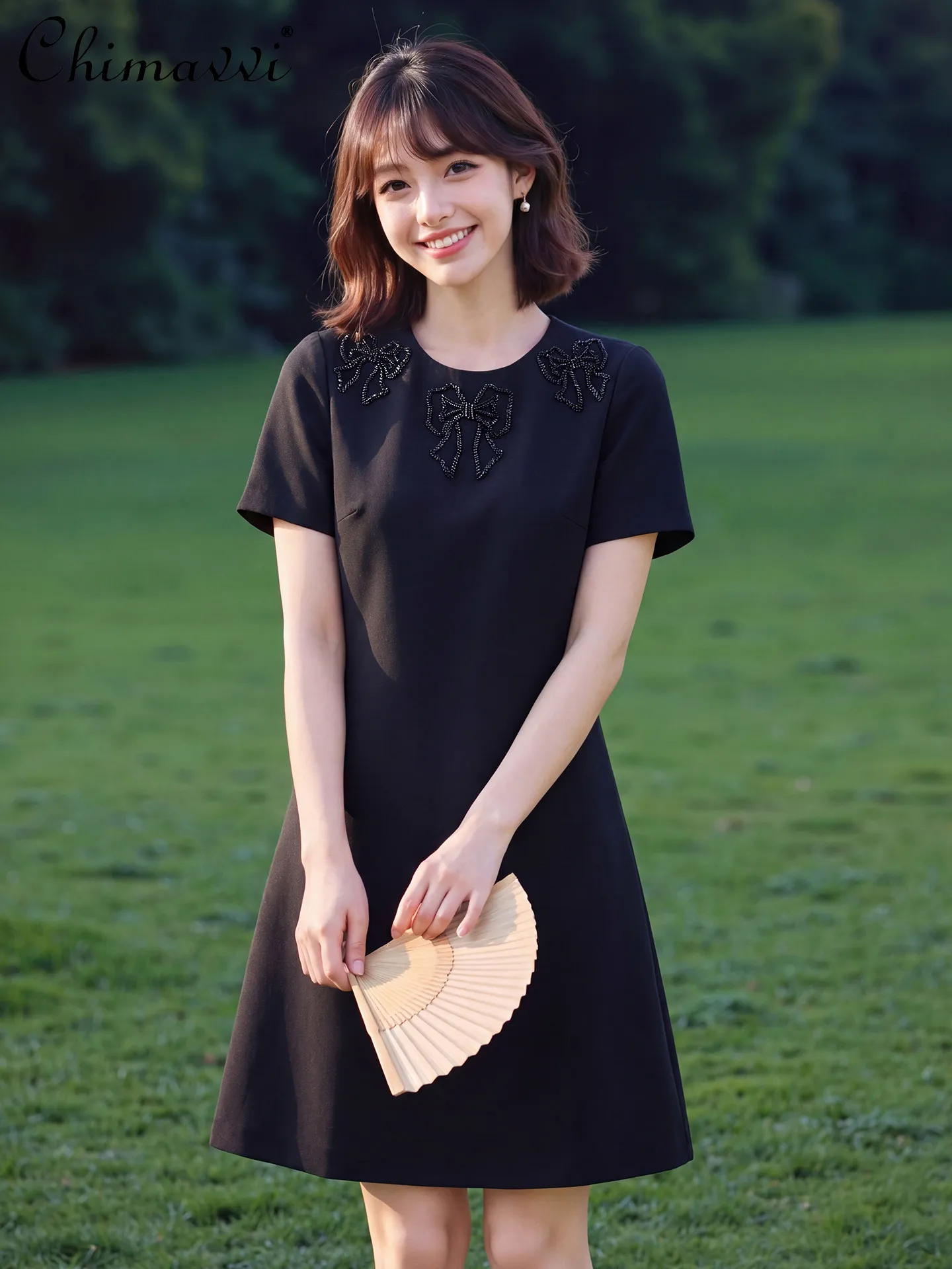 

French Elegant Fashion Commuter Summer Dress Beaded Bow Crew Neck Short Sleeve High Waist Slim Straight Black Dresses For Women