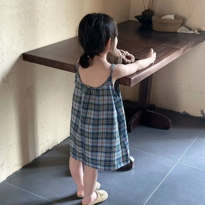 Girl Camisole Dress Korean-style 26 Summer Fashion Soft Cute Plaid Casual Loose Toddlers Baby 2-12 Years Outfit
