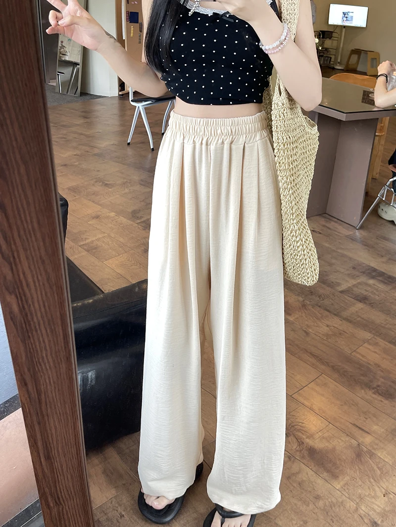 Summer Lazy Slimming Artifact Ice Silk Wrinkle New High Waist Ice Silk Wide Leg Pants Lazy Acetate Texture
