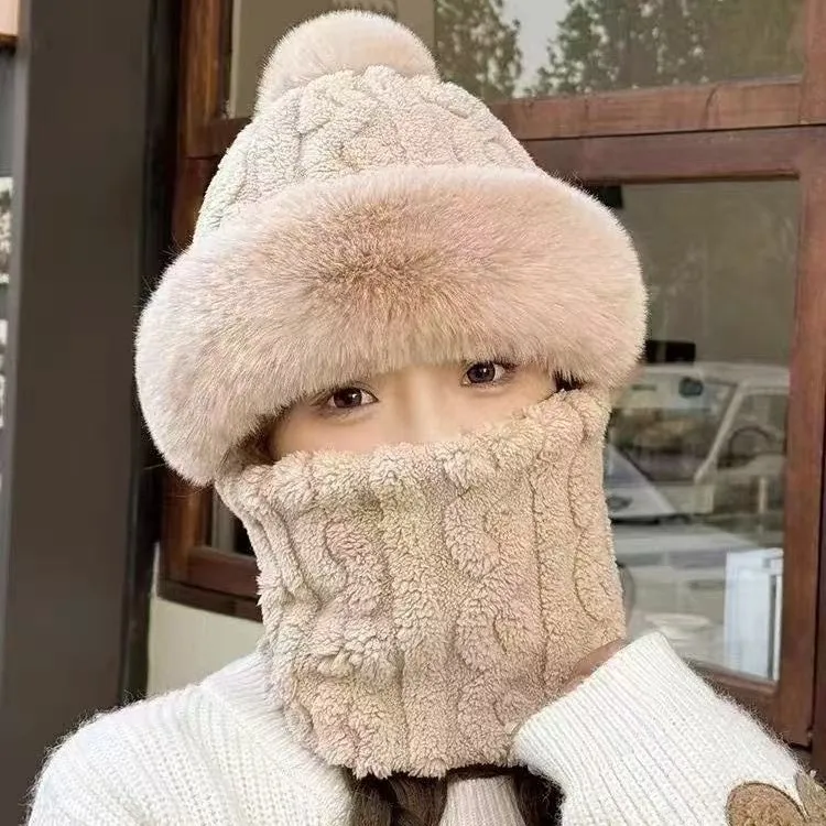New velvet thickened cycling windproof and cold proof electric vehicle warm cover hat scarf integrated women's winter hat
