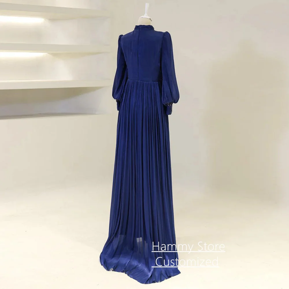 Robe de soirée bleu marine personnalisée, luxe, col haut, manches bouffantes, plis, perles, pierres, robe de soirée, robes de bal, arabe saoudien