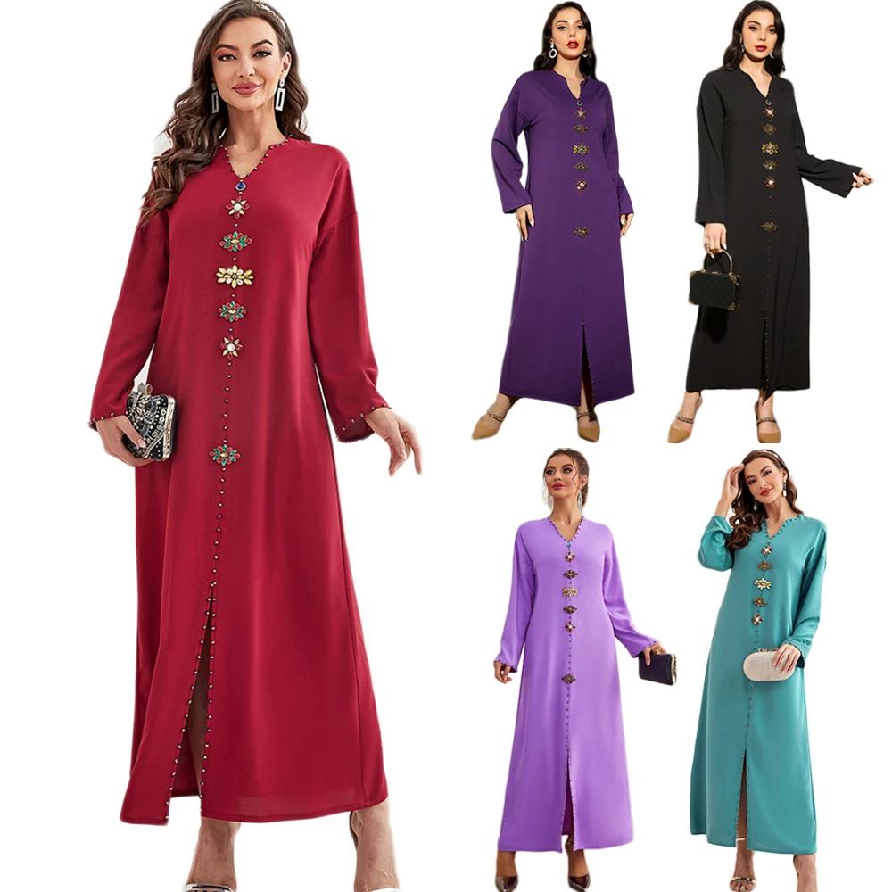 

Women Long Sleeve Dress Rhinestone Muslim Islamic Arab Party Gown Middle East Ramadan Abaya Moroccan Turkish Maxi Robe Jalabiya