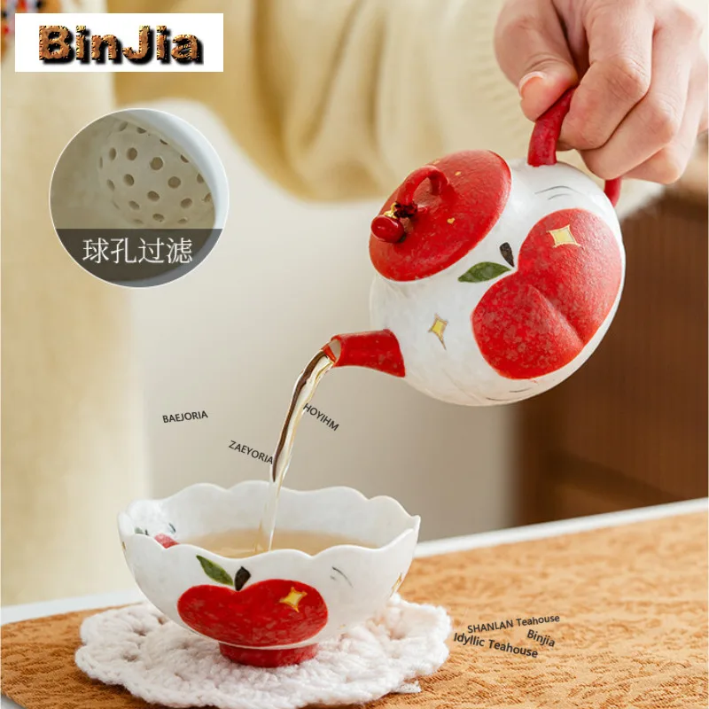 Hand Painted Apple Travel Tea Set Kit Antique 1 Pot 3 Cups Household Tea Making Organizer Portable Camping Handbag Collection