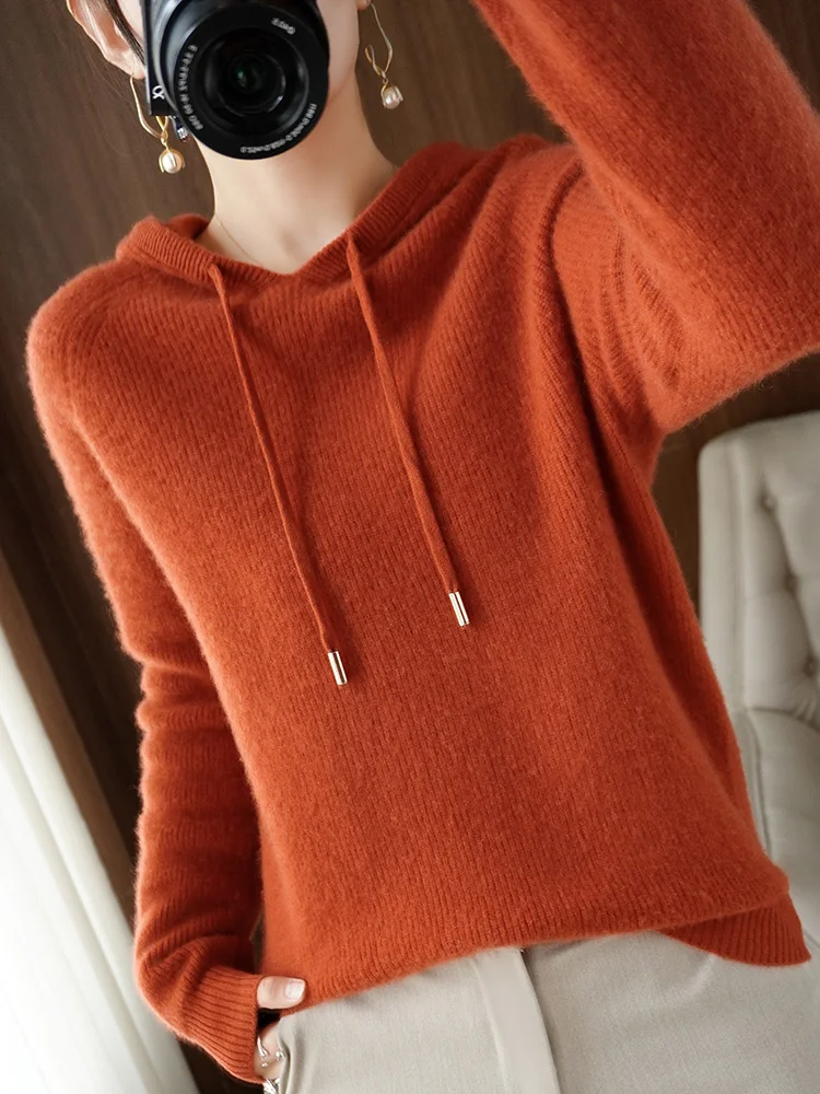 Spring Autumn Women's Cashmere Wool Blended Sweater Hoodies Sport Pullover Knit Jacket Loose Street Clothing Top