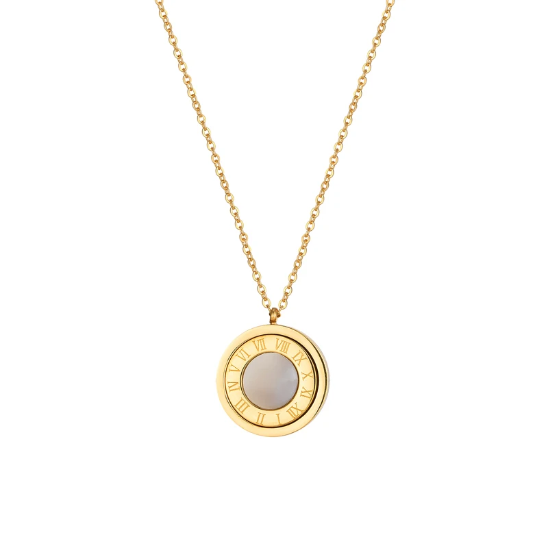 Black Acrylic And Shell Double Side Pendant Necklace Stainless Steel Roman Numeral Gold Color Jewelry For Women Holiday Gifts