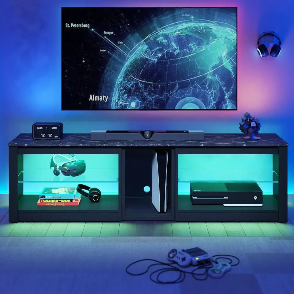 

70 TV Stand for Gaming & Entertainment, LED Cabinet with Glass Shelves for Living Room, 63, Marble Black