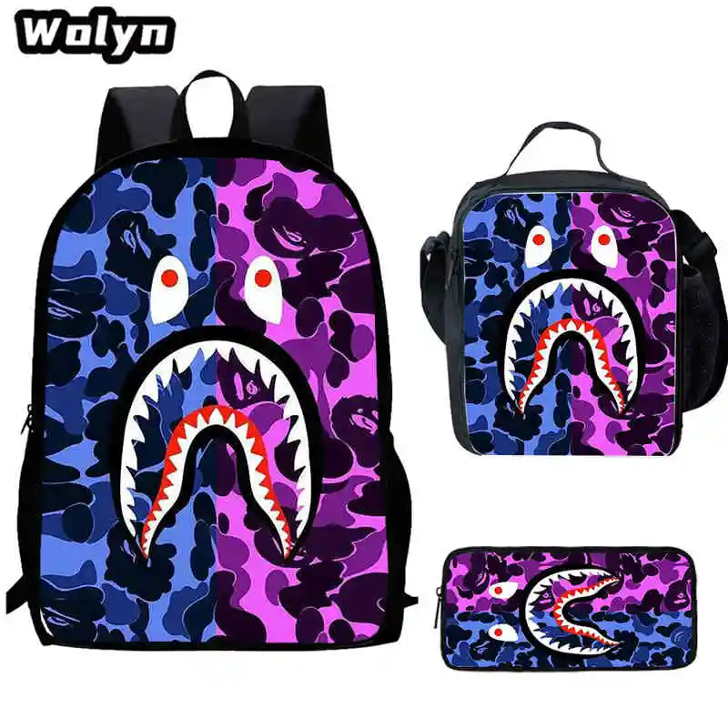 

3Pcs Set Cartoon Camouflage Shark School Bags with Lunch Bags Pencil Bags for Boy Girl , Anime School Backpack for Kindergarten