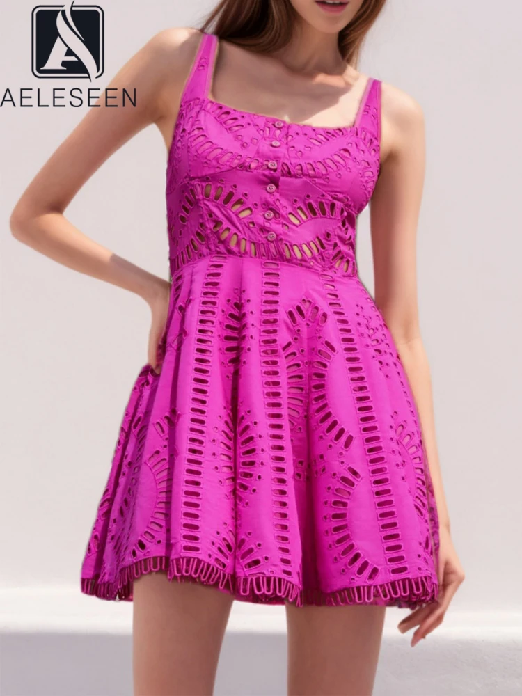 

AELESEEN Women's Summer Beach Dress Design Fashion Spaghetti Strap Hollow Out Button Elegant A-Line Holiday Party Mini