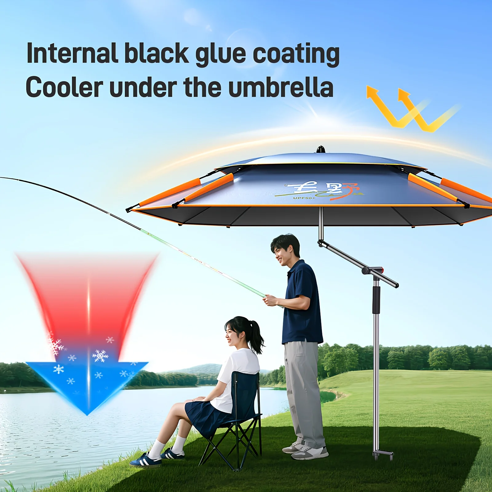 2025 Upgraded Square Fishing Umbrella,360° Adjustable,Stainless Shaft&Spike Ships Random,Thick Canopy,Staff Style Pole,w/ Bag
