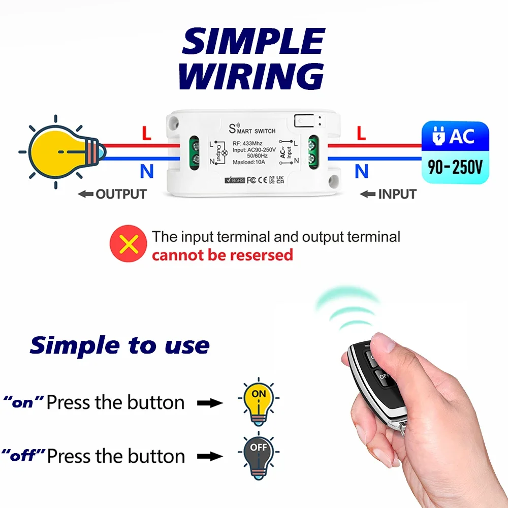 RF433.92Mhz Universal Wireless Remote Control Switch 110V 220V 230V 10A Relay Mini Receiver Remote Control for Gate LED Light