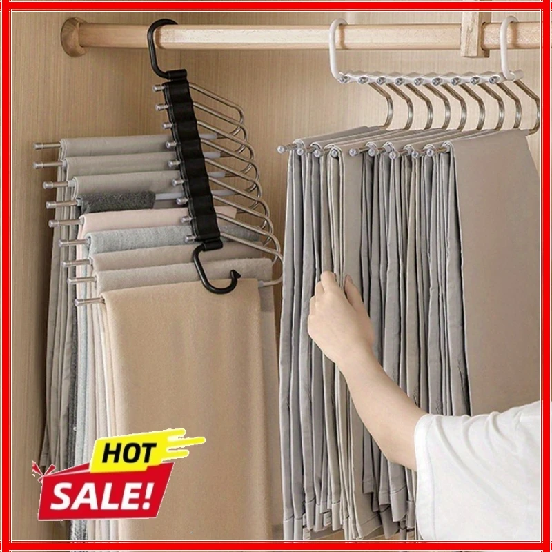 Stainless Steel Folding Pants Hanger – Multi-Layer Magic Clips & Retractable Space-Saving Organizer